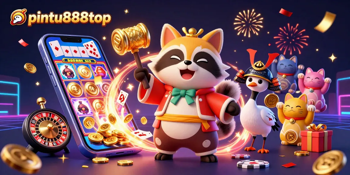 Experience exciting gameplay at pintu888top with cheerful tanuki and vibrant slot elements.