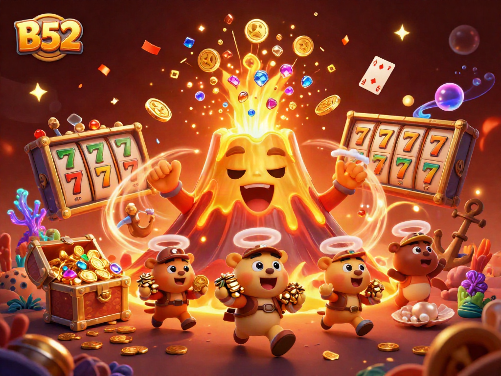 B52-themed 3D illustration featuring a golden volcano erupting coins and gems, capturing the fun of slots
