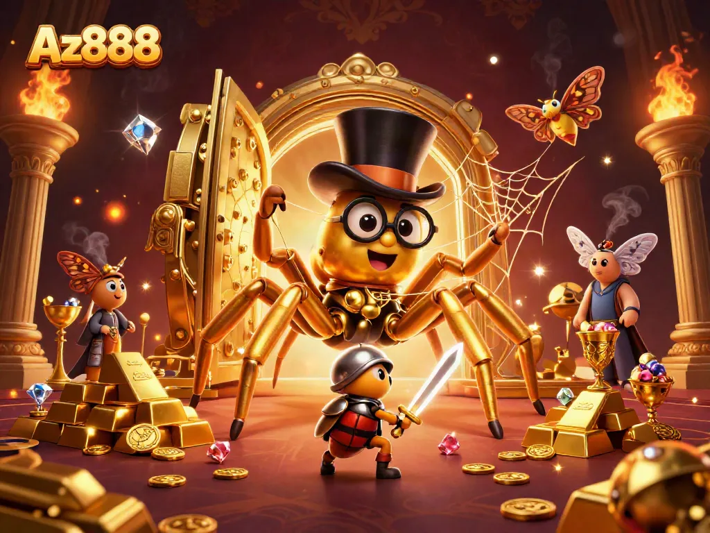 Engage with Az888 as a golden tarantula spins its web in a dynamic casino scene full of treasures and excitement.