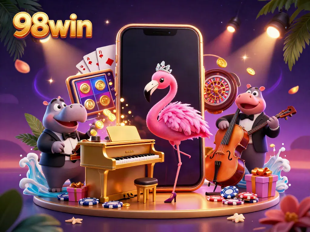 Experience thrilling gameplay with 98win’s vibrant casino scene filled with colorful slot games and dynamic characters.