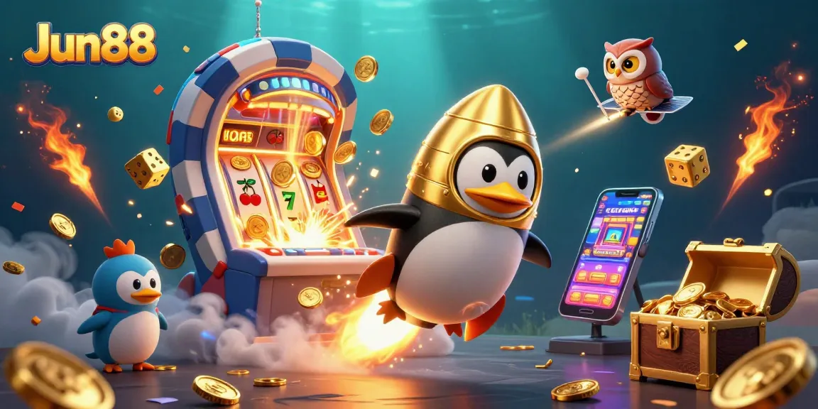 Experience the excitement of Jun88 with a golden penguin and a treasure-filled casino scene.