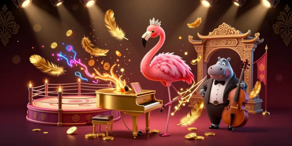 Engaging 3D casino scene featuring SV88 COM with vibrant flamingo and hippo musicians in a sparkling atmosphere.