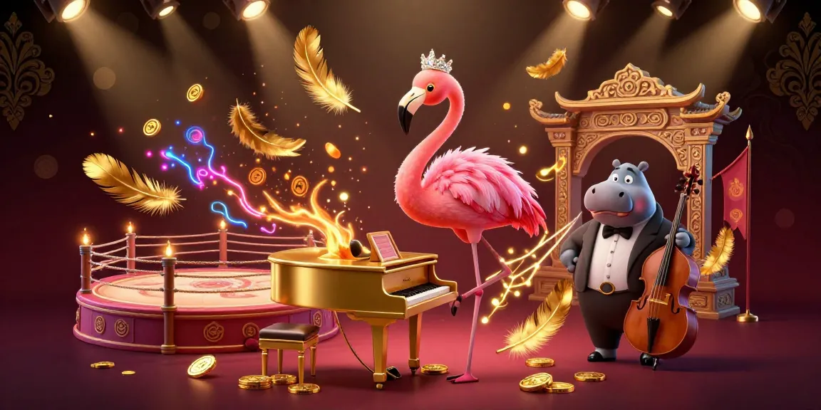 Engaging 3D casino scene featuring SV88 COM with vibrant flamingo and hippo musicians in a sparkling atmosphere.
