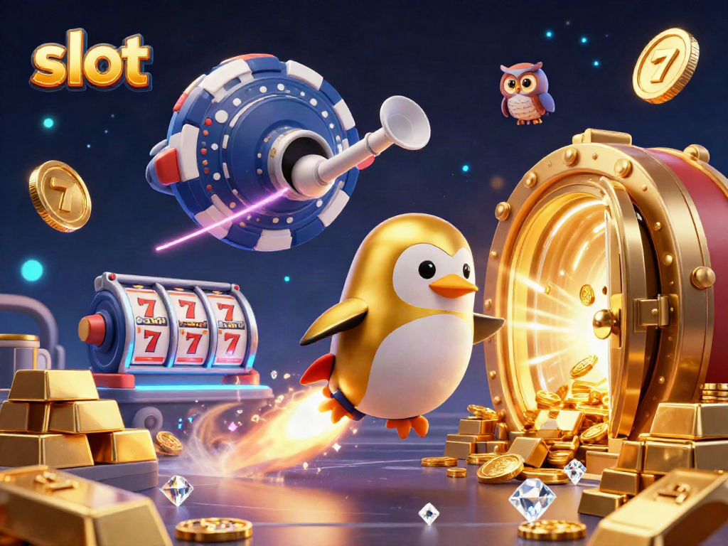 Catch the excitement of slot gaming with colorful 3D characters and treasures in an animated casino world.