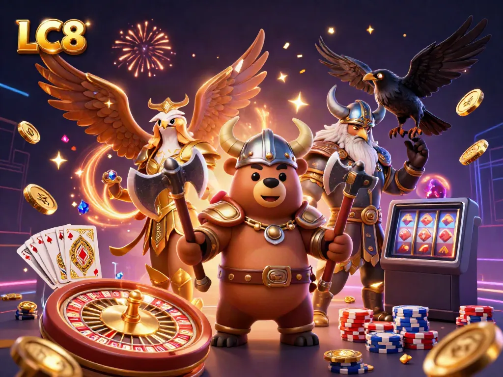 Experience the excitement of LC8 with vibrant casino elements and dynamic characters in a packed illustration.