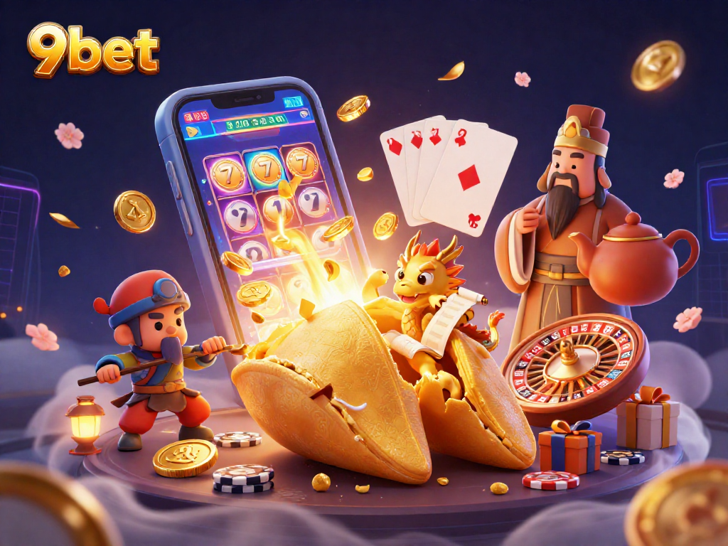 Engage with 9bet's vibrant online casino scene featuring a golden fortune cookie and gaming elements.