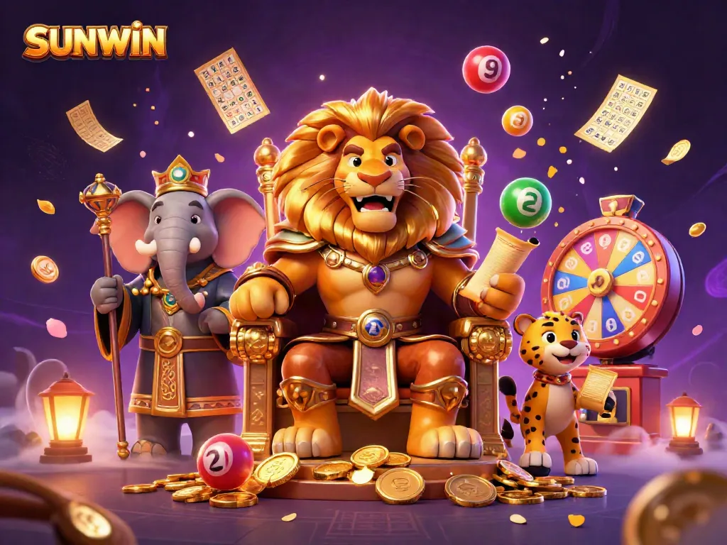 Experience exciting gameplay at SUNWIN, featuring a lion king on a coin throne surrounded by colorful lottery elements.