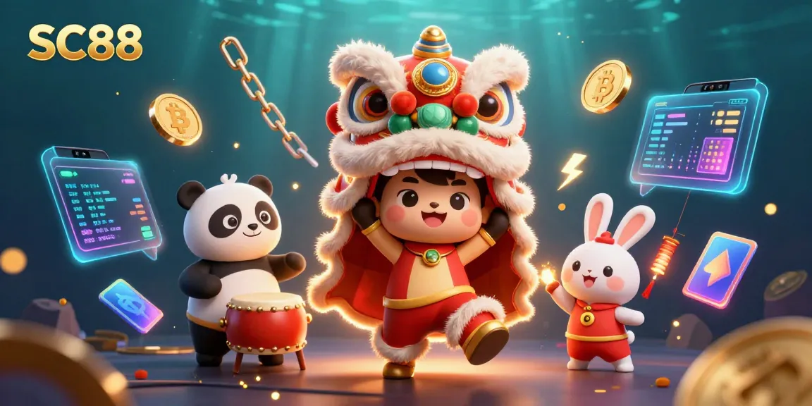 Engage with SC88's vibrant scene featuring a lion dance, drumming panda, and crypto coins.