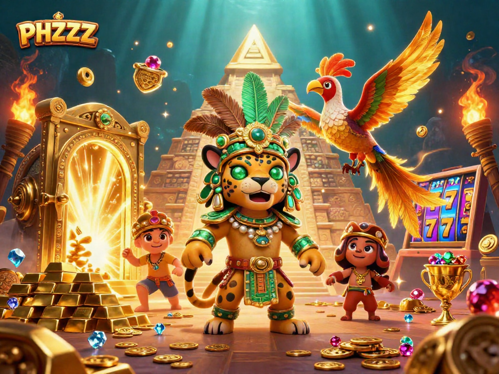 Experience the excitement of PHZZZ with a vibrant Mayan-themed casino scene featuring treasures and slot elements.