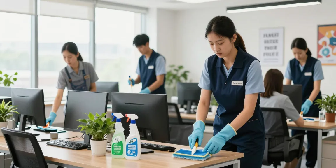 Büroreinigung Göttingen: Professionelles Reinigungsteam säubert ein modernes Büroumfeld mit umweltfreundlichen Produkten.