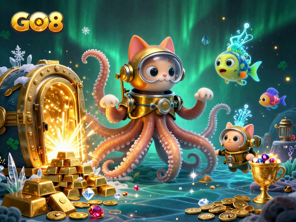 Engage with GO8's immersive gaming world through a vibrant casino-themed illustration.