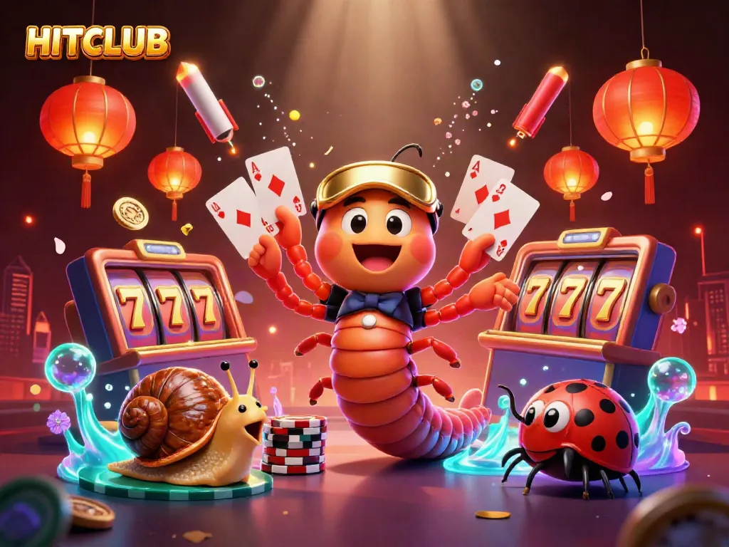 Vibrant HITCLUB casino scene showcasing a millipede dealer, snail high-roller, and pill bug, surrounded by slot game elements.