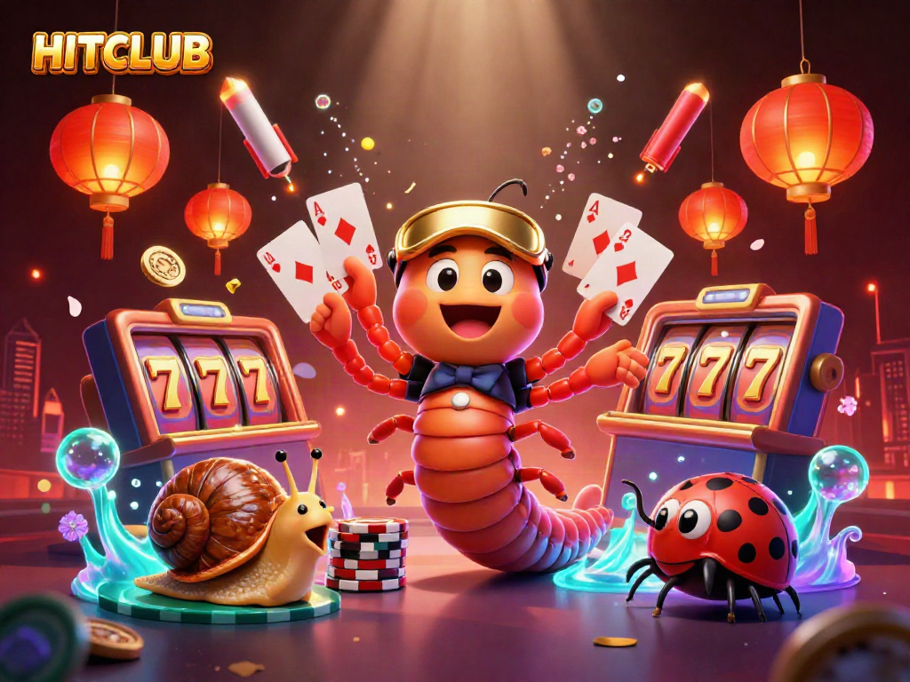 Vibrant HITCLUB casino scene showcasing a millipede dealer, snail high-roller, and pill bug, surrounded by slot game elements.