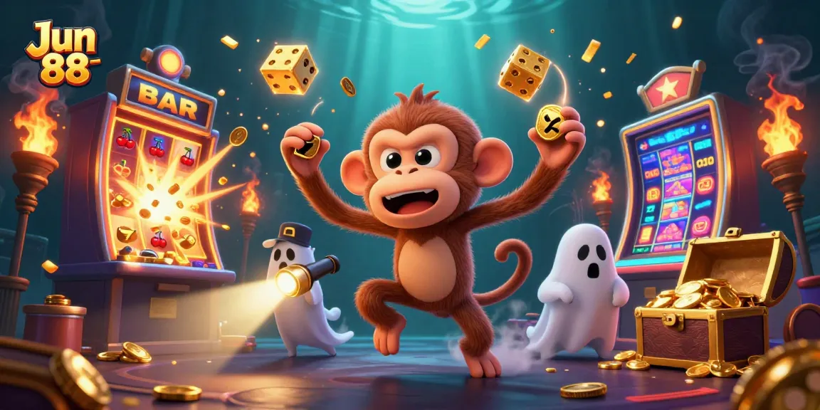 Experience the thrilling fun of Jun 88 casino with a playful monkey and ghost-hunter puppy in a vibrant scene of games and jackpots.