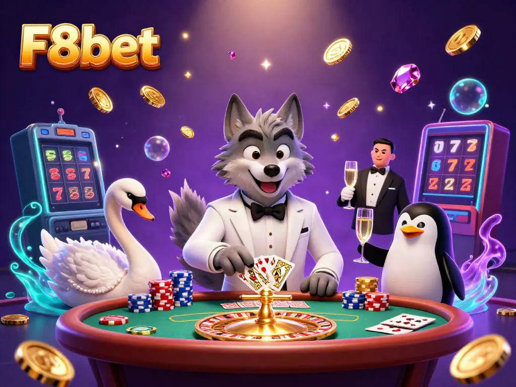 Experience thrilling F8bet casino action with a debonair wolf at the baccarat table in an engaging 3D scene.