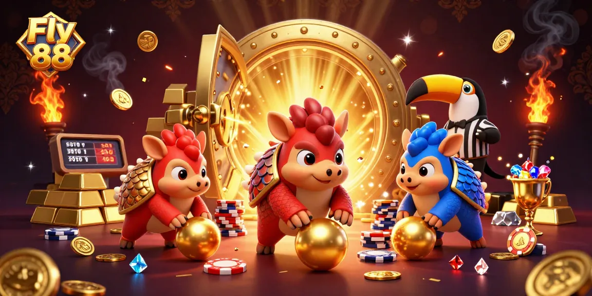 Engage in Fly 88's thrilling bowling game with rival pangolins amidst golden treasure and poker chips.