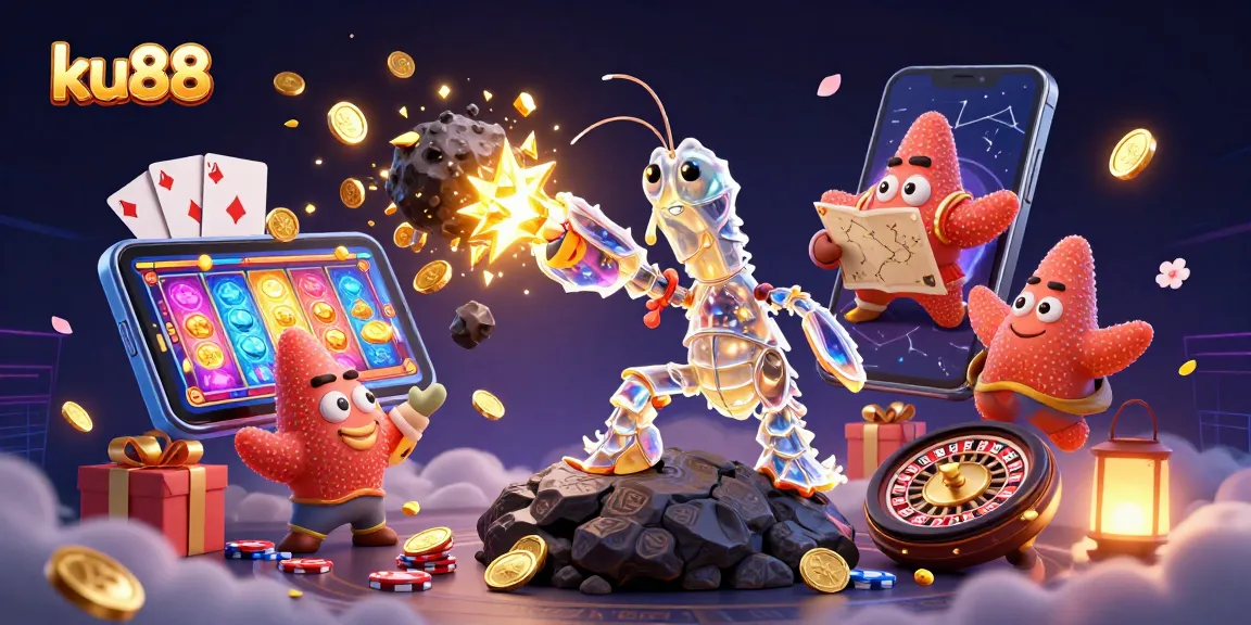 Experience high-stakes gaming with ku88’s dynamic slots and vibrant characters in a rich casino illustration.