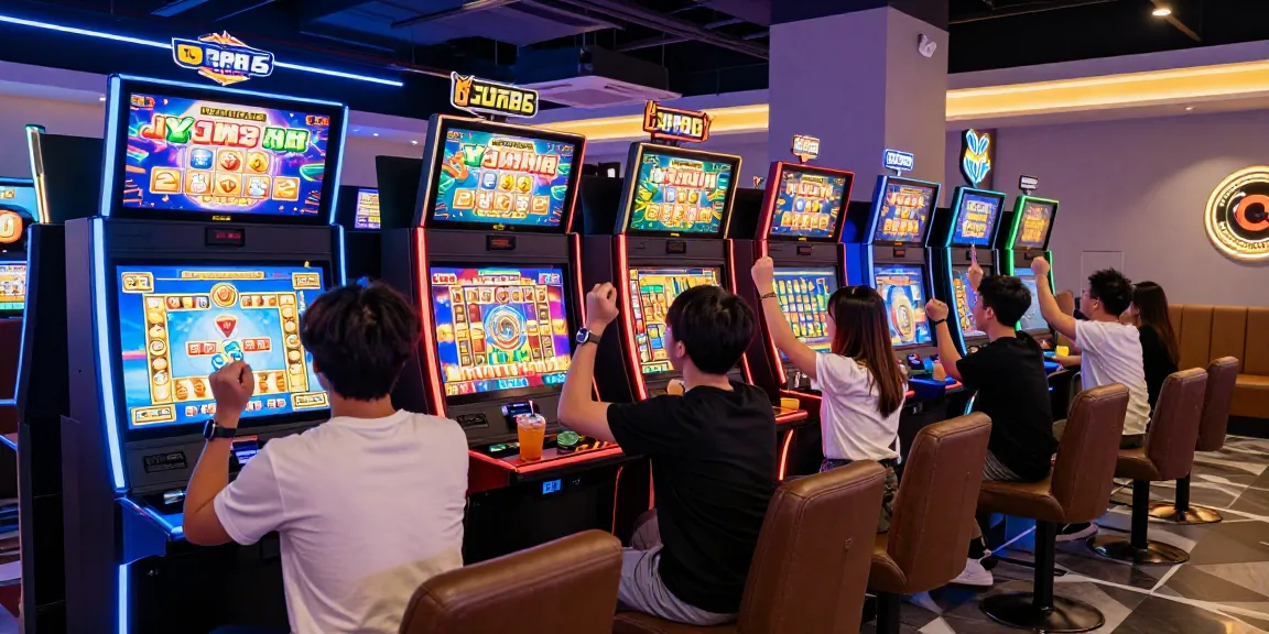Exciting gaming environment at oppa86 situs with vibrant slot machines and players celebrating wins.