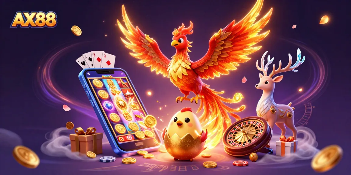 AX88 showcases a vibrant casino scene with a phoenix and gaming elements for thrilling play.
