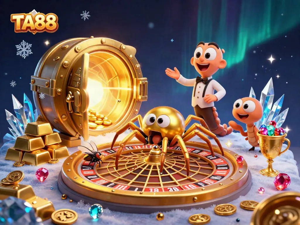 TA88 features a vibrant casino scene with a golden spider spinning a roulette web and a centipede croupier.