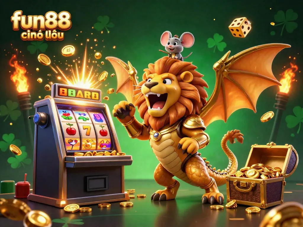 Engage with fun88 chính thức through a vibrant, dynamic casino scene featuring a roaring chimera and jackpot explosions.