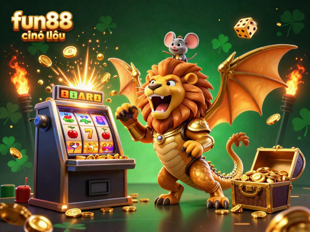 Engage with fun88 chính thức through a vibrant, dynamic casino scene featuring a roaring chimera and jackpot explosions.