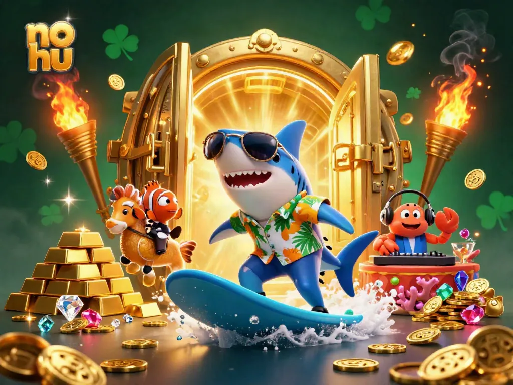 Experience the excitement of no hu slots with vibrant characters riding waves of gold coins.