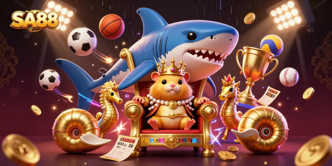 SA88 engages players with a vibrant 3D illustration featuring a golden hamster king on a megalodon throne amidst dynamic sports elements.