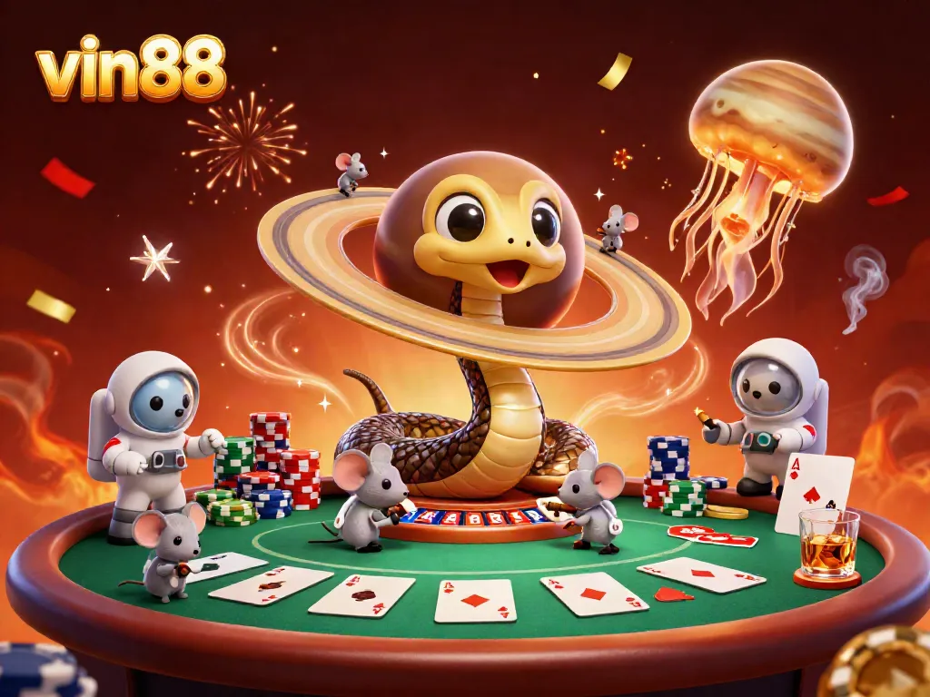 Experience excitement at vin88 with a roulette-themed illustration of cartoon characters engaged in casino fun.