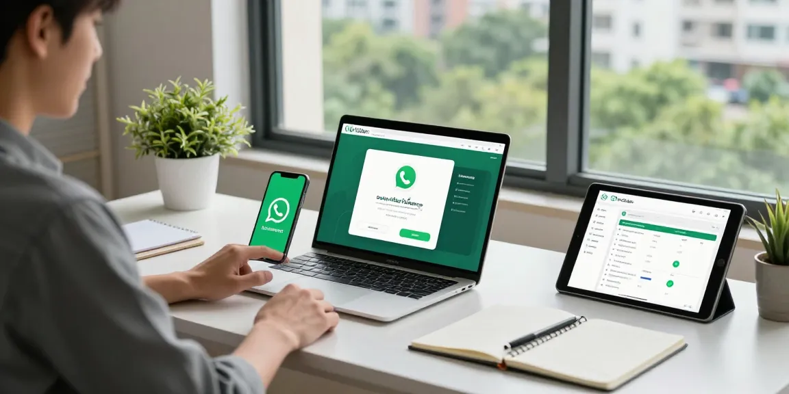 Using WhatsApp電腦版 on a laptop in a stylish home office setting