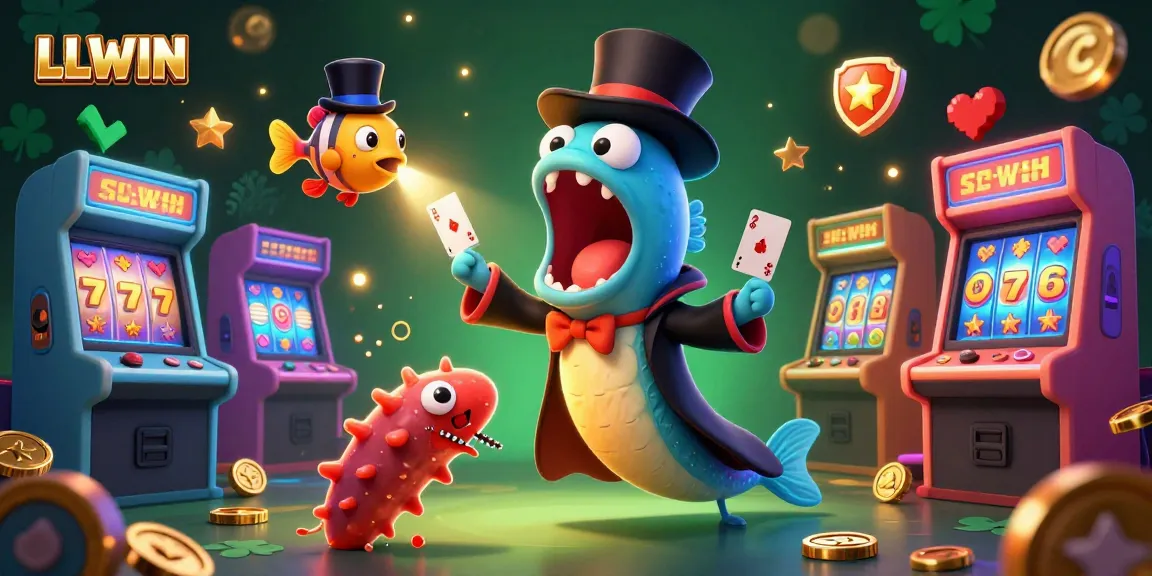 LLWIN showcases a vibrant 3D casino scene with characters performing tricks, highlighting stunning game elements and rich textures.
