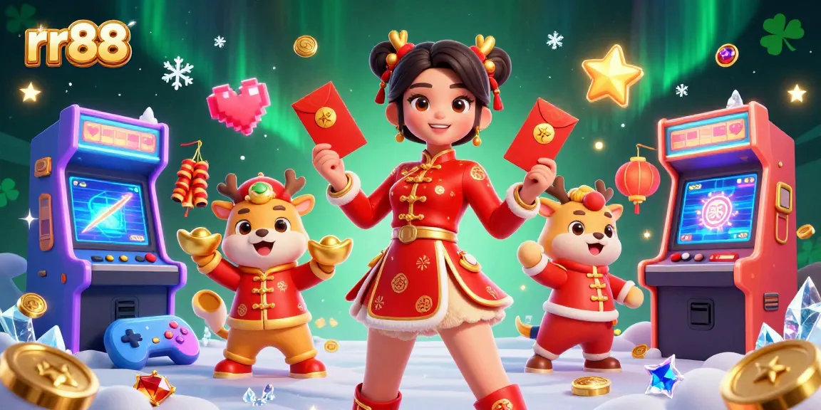 Engage with rr88, where a festive Asian woman celebrates with red envelopes and gold, amidst dazzling casino elements.