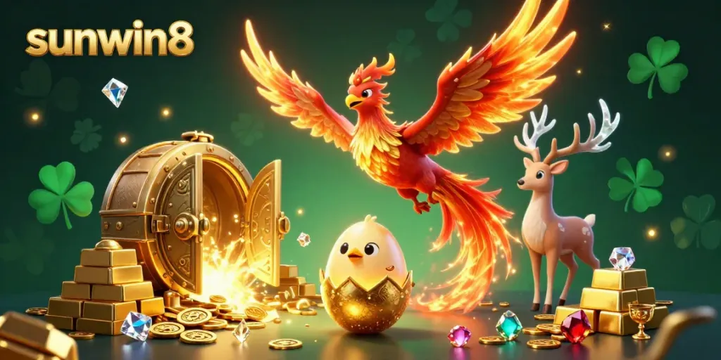 Experience the vibrant world of sunwin8 with a fire phoenix surrounded by treasures, embodying the thrill of online gaming.