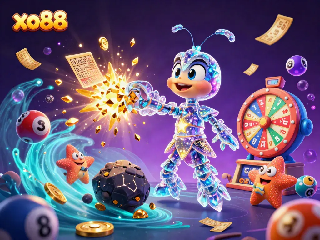 Experience the excitement of xo88 with a galactic mantis shrimp amid colorful lottery elements.