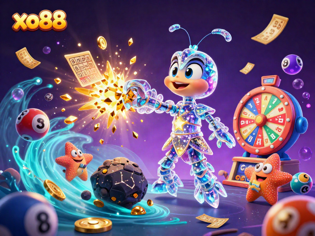 Experience the excitement of xo88 with a galactic mantis shrimp amid colorful lottery elements.