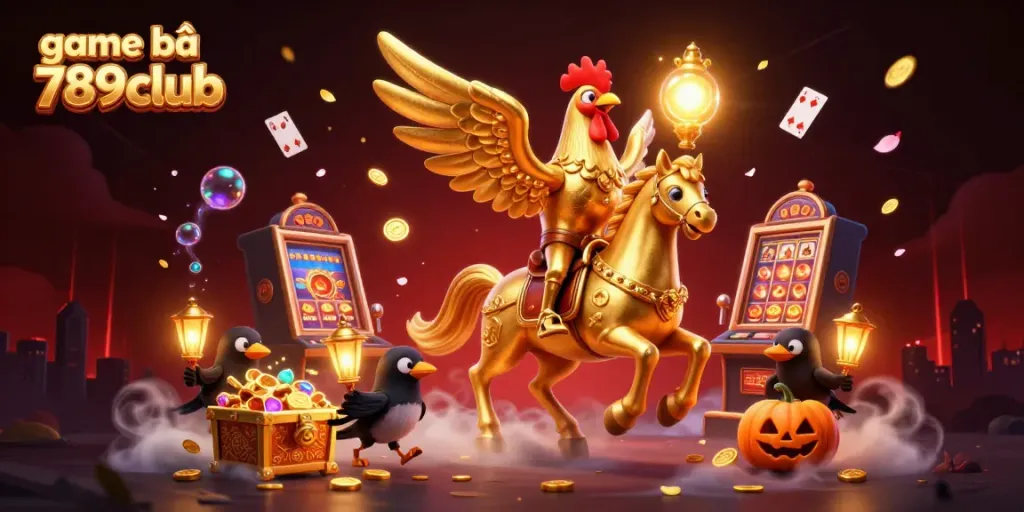 Experience excitement at game bài 789club with dynamic golden rooster and treasure scenes.