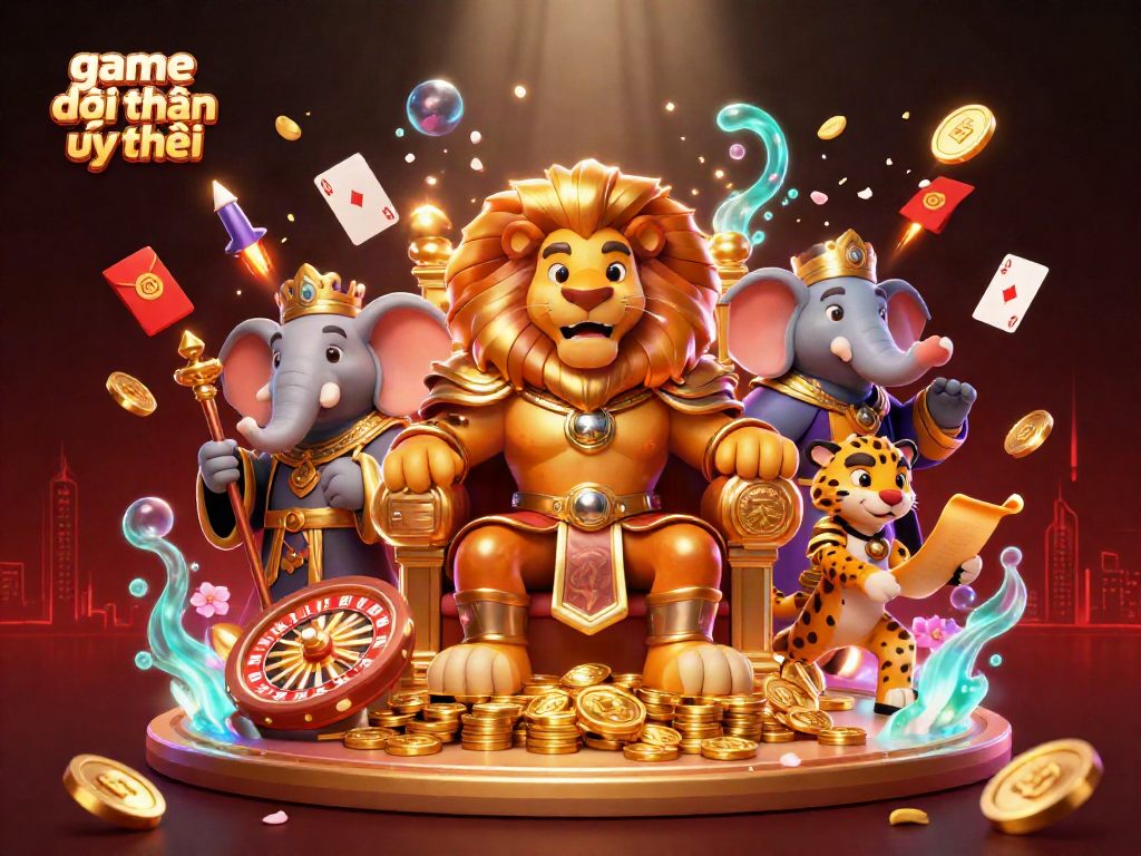 Experience the excitement of game đổi thưởng uy tín with an animated scene featuring a lion king, lucky cards, and a vibrant casino atmosphere.