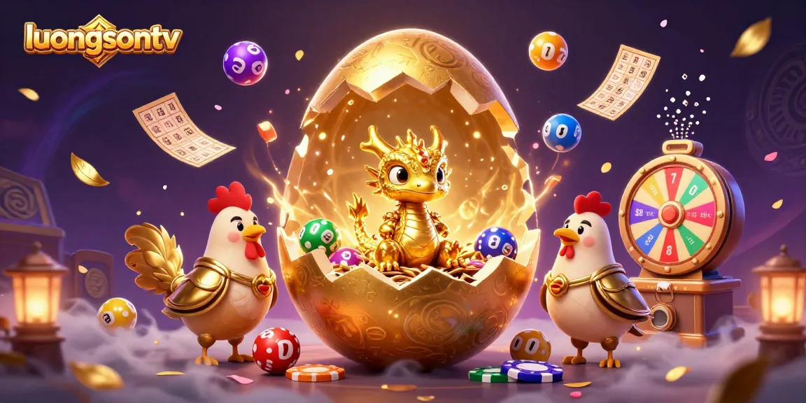 luongsontv showcases a vibrant scene with a golden dragon, poker chips, and colorful lottery elements.