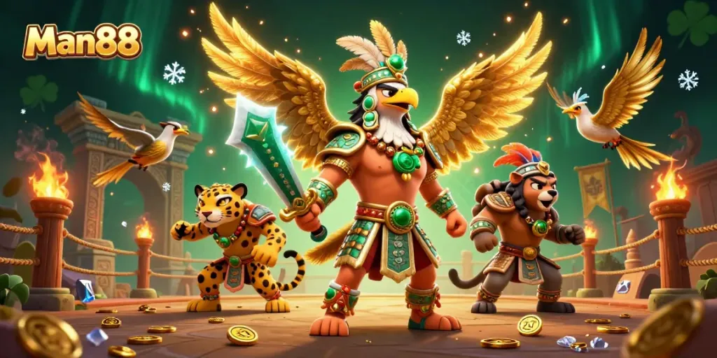 Join the excitement at Man88 with an Aztec warrior battling for huge jackpots in the vibrant setting.