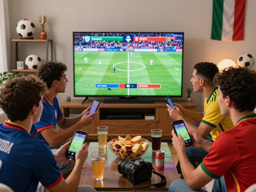 Freunde feiern Fußballwetten WM in gemütlichem Wohnraum, während sie ein Live-Spiel der WM 2026 anschauen.