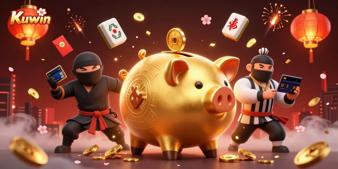 Kuwin promotes exciting gameplay, featuring a dynamic scene with a whimsical sumo wrestler alongside a ninja and samurai.