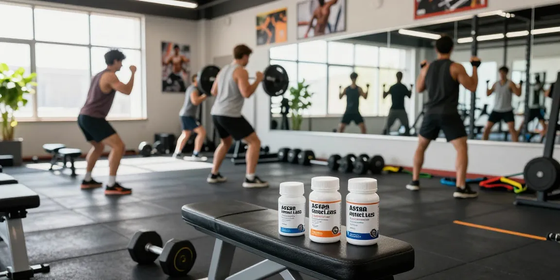 Training mit Astera Shop Produkten in modernem Fitnessstudio mit Athleten.