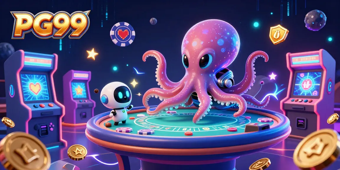Experience PG99 excitement with an alien octopus playing poker in a cosmic casino.