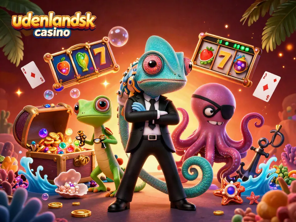 Experience the excitement of udenlandsk casino surrounded by dazzling slot elements, golden treasures, and vibrant characters.