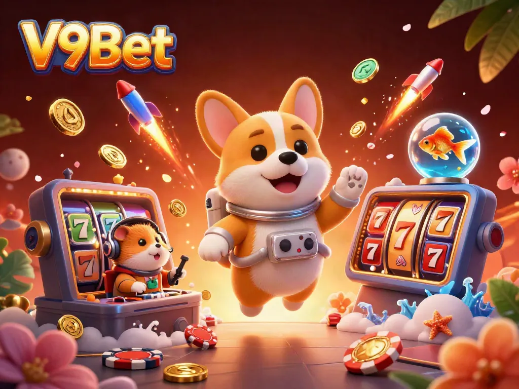 Experience thrilling gaming adventures at V9Bet with the enchanting 3D casino scene.
