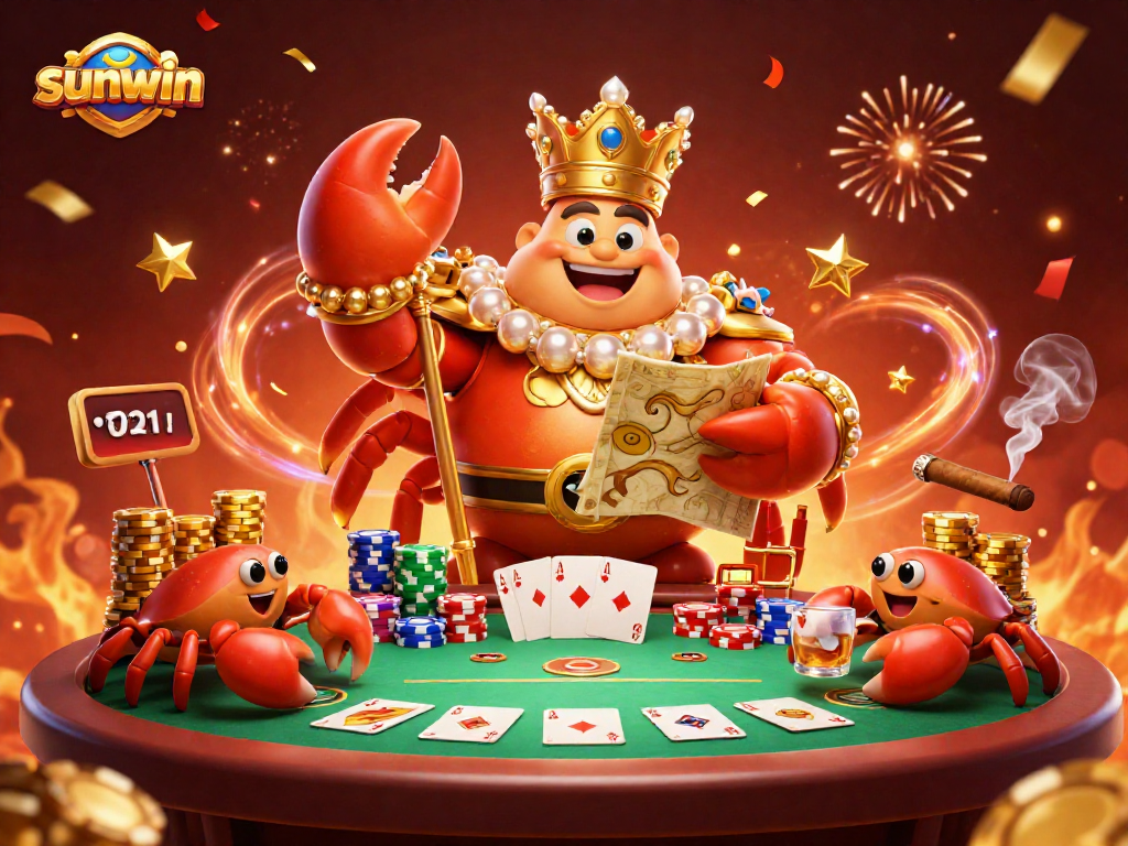 Experience the excitement of sunwin as the golden crab emperor leads a treasure adventure in a vibrant casino scene.