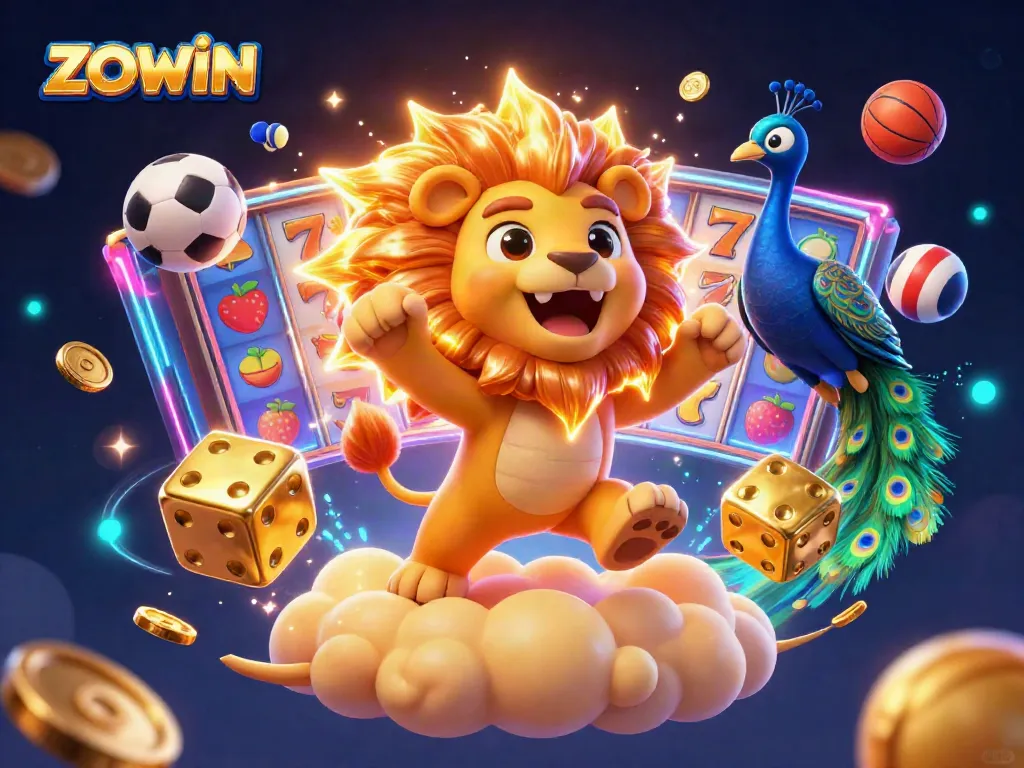 Engage with ZOWIN's vibrant casino world featuring rich slot games and animated characters.