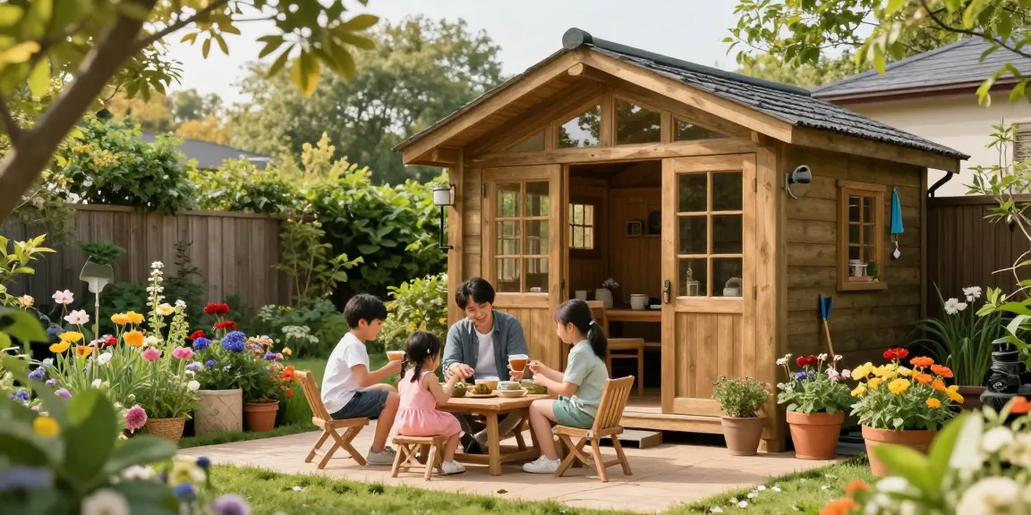 Hochwertiges Gartenhaus im Garten mit Familienzeit und blühenden Pflanzen.