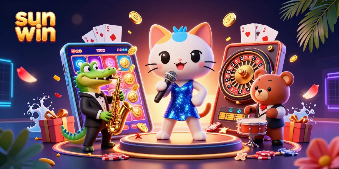Experience the excitement at sun win with a vibrant casino scene featuring a jazzy cat, crocodile, and bear.