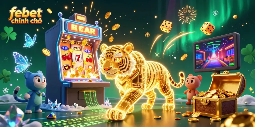 Experience thrilling moments at febet chính chủ with our dynamic casino scene featuring vibrant games and a golden tiger.